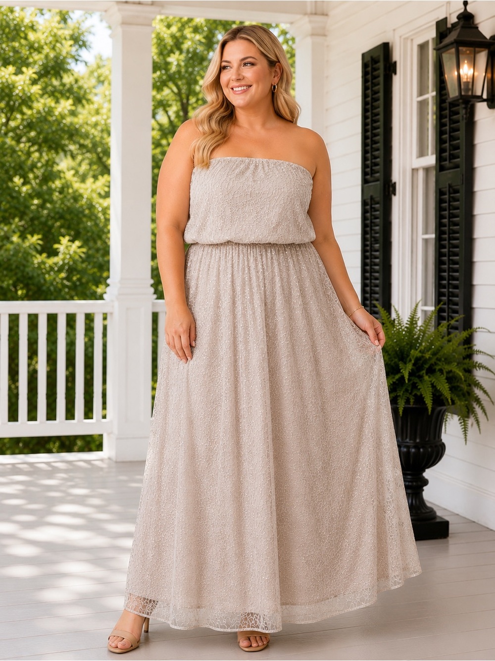 After Six Strapless Lace Formal Evening Gown Oyster Size 14